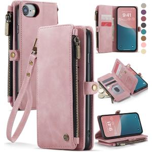 Defencase Compatible with iPhone SE 2020 2022 Case Wallet with RFID Blocking Card Holder for Women Men, PU Leather Magnetic Snap Flip Zipper Strap Wallet Phone Case Fit for iPhone SE/7/8, Rose Pink