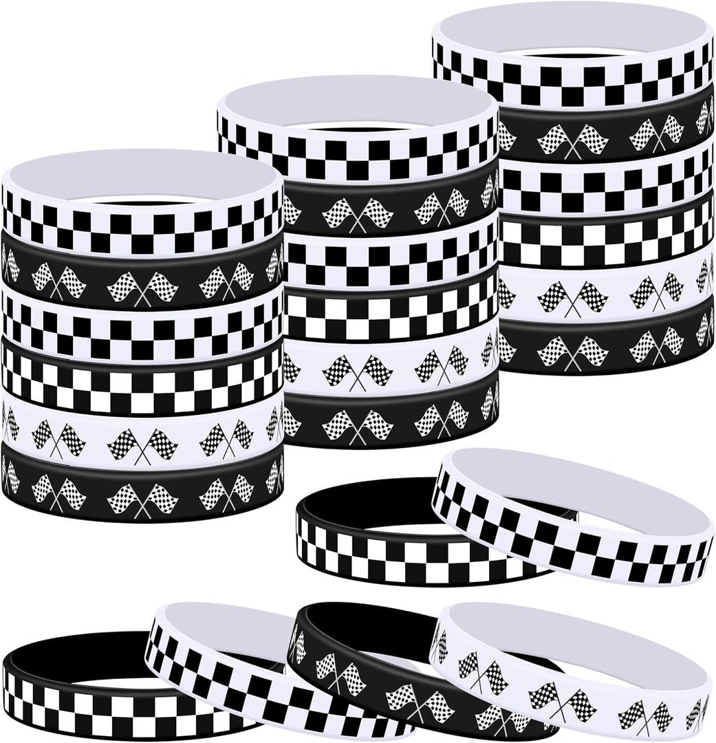 Lesnala 48 Pcs Race car silicone bracelets Checkered flag wristbands Racing flag rubber bracelets Race car party favors for Sports Events Party Supplies Birthday Party Decorations(Black,white,4 types)