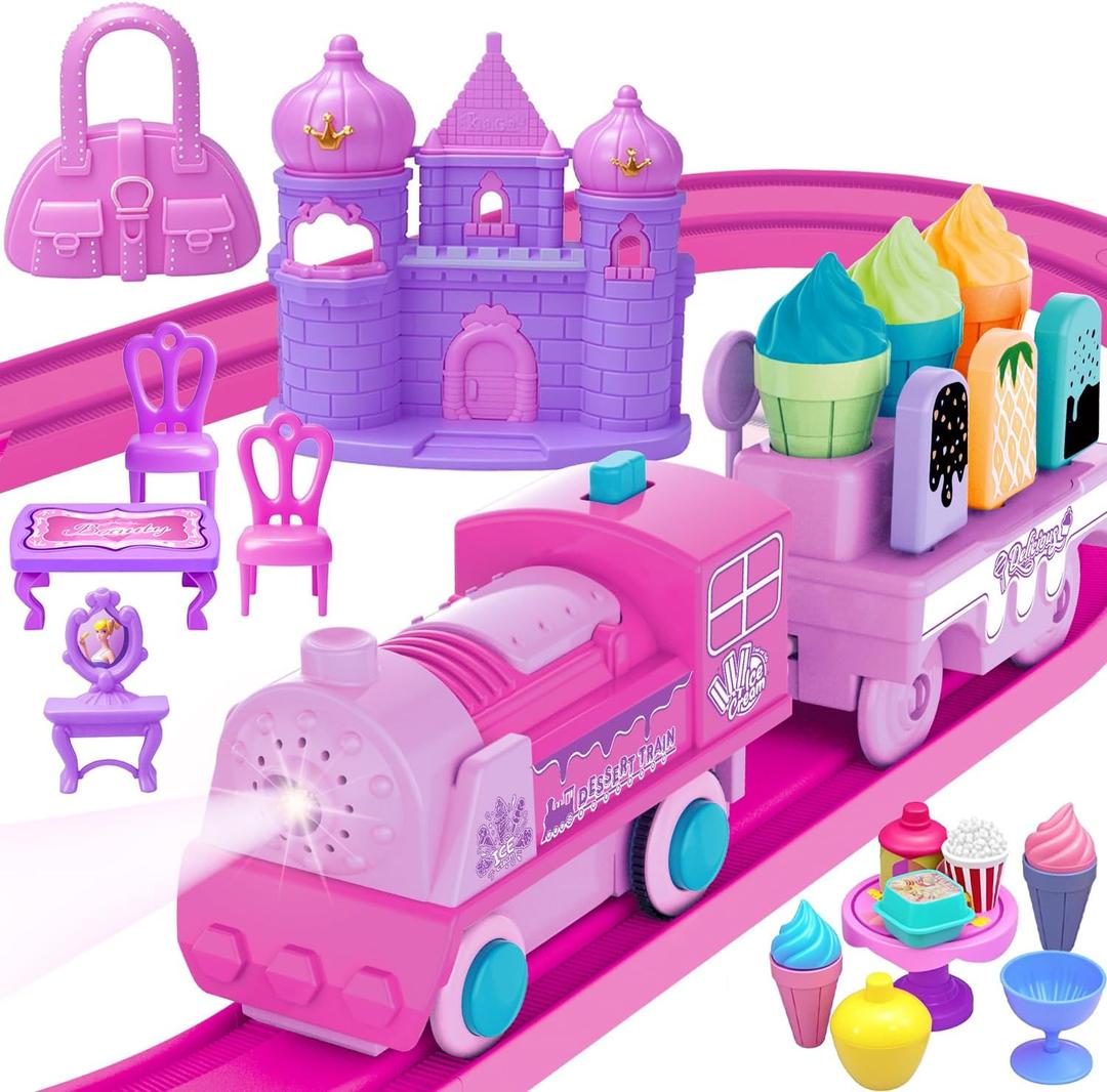 Tracks Car Toys Set for Age 2 3 4 5 6 7 Year Girls Toddler, Pink Princess Train Set Toys for Kids with Light & Music, Track Vehicle Toy Girl Birthday Gift