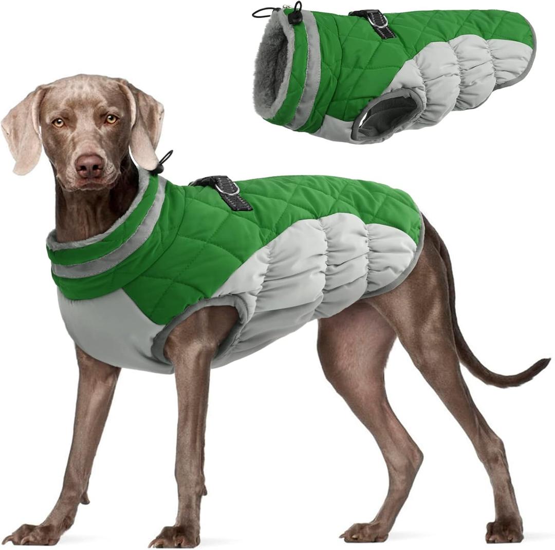 FUAMEY Dog Coat for Large Dogs,Waterproof Dog Winter Jacket with Harness Built in Puppy Cold Weather Coats Reflective Pet Vest with Zipper Warm Fleece Dogs Snowsuit Windproof Green (XXXL(chest:43in))