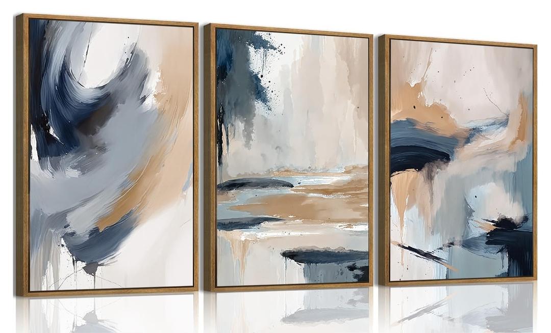 KISSFOX 3 Piece Framed Wall Art Abstract Wall Decor Navy Blue Brown Pictures Modern Minimalist Canvas Art Large Brushstroke Paintings Artwork for Living Room Bedroom Office