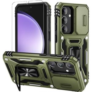 WRJ for Samsung Galaxy S25 Plus/S24 Plus Case with Slide Camera Cover and Screen Protector, Military Grade Protection [Rotated Kickstand] Heavy Duty Shockproof Protective Cover-Olive Green,Set of 5
