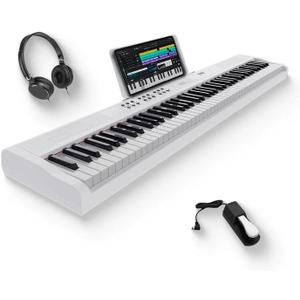 STRICH 88 Key Digital Piano Full Size Electric Keyboard with Semi-Weighted Sensitive Keys, Portable Electric Piano Set, Bundle with Sustain Pedal, Headphones, Music Rest, White, SEP-150S