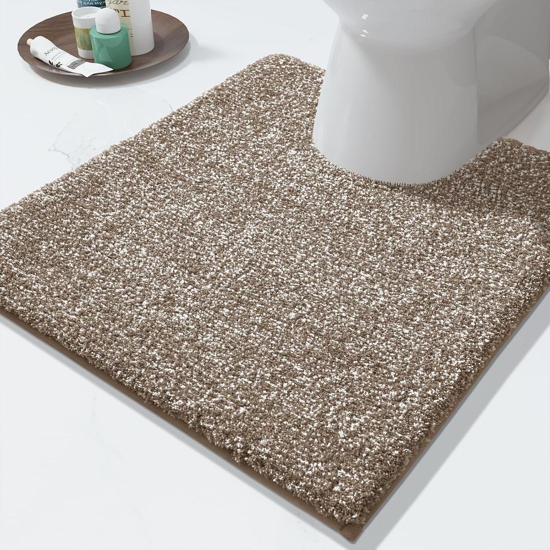 Yimobra Toilet Rugs U Shaped Washable, Soft Absorbent Microfiber Bathroom Rugs, Non Slip Quick Drying Shaggy Bath Mat,Contour Bathroom Mats for Toilet Base, Home Essentials,24x20,Brown and White