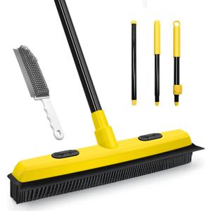 Rubber Broom with Squeegee, Pet Hair Removal 52.8 inches Long Handle, Push Fur Remover Tool with Portable Detailing Lint Brush for Fluff Carpet, Window, Tile, Hardwood Floor Cleaning (Yellow)