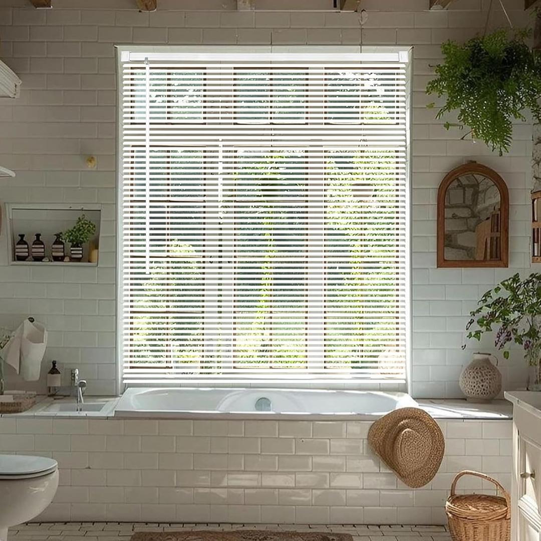 Cordless Vinyl Mini L Blinds 46" W x 72" H, 1" Slat White Horizontal Windows L Blind for Door, Shades, Camper, Light Filtering, Interiors, Arrive 1/2 Inch Narrower Indoor