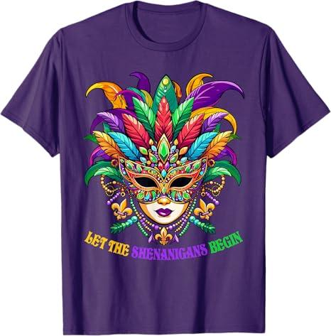Let The Shenanigans Begin Mardi Gras Jester Mask Beads Women T-Shirt, M, Purple 