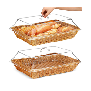 Mumufy 2 Pack Wicker Large Bread Basket for Serving with Acrylic Lid Woven Rectangular Imitation Rattan Fruit Basket with Cover Food Vegetable Display Tabletop Restaurant Kitchen(17.72x13.78'')