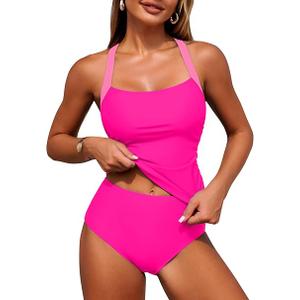 ZAFUL Tankini Swimsuits for Women Tummy Control Swimsuits Bathing Suits Gingham Tankini Set Striped Swimwear Square Neck Cross Strap Full Coverage Bottoms for Beach Vacation Resort Cruise Pool 2026 M