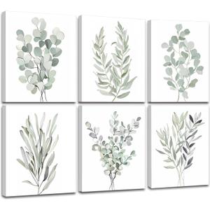 Botanical Plant Canvas Wall Art, Boho Wall Decor for Bathroom, Minimalist Aesthetic Bedroom Wall Art, Light Green Botanical Art Painting for Office, Set of 6(8x 10,Framed)