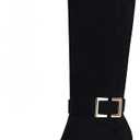 Coutgo Womens Knee High Boots Stiletto Heels Suede Pointed Toe Wide Calf Metal Buckle Side Zipper Winter Boots (8.5, Black)
