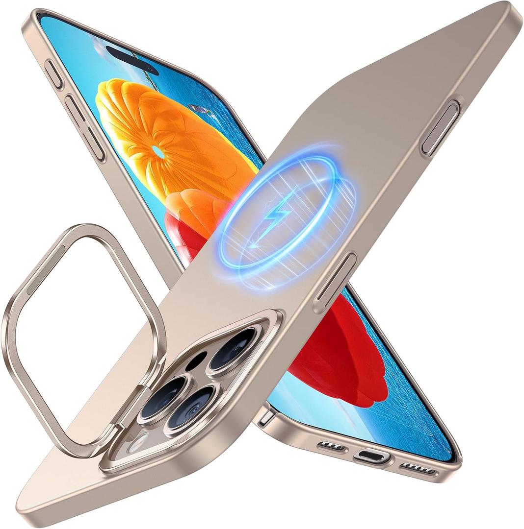 TORRAS Magnetic Slim Fit Case for iPhone 16 Pro with Stand, Compatible with MagSafe, Built-in Stash Stand, Ultra Thin, Anti-Scratch Matte Hard Phone Case 6.3 inch, Desert Titanium Gold