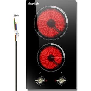 2 Burner Electric Cooktop - 12 Inch 220V Built-in Electric Stove Top 3000W, Ceramic Cook Top Radiant, 9 Power Heating Levels, Overheat Protection, Retro Knob, 220V - 240V Hard Wired (No Plug)
