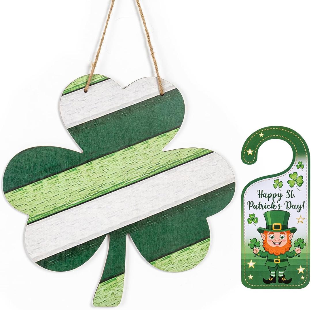 HAYVAN St Patricks Day Door Decorations Set - Wooden Shamrock Sign & Hanging Door Knob Handle Decor (Lucky Irish Happy St. Patrick's Day Wreath), Hanging Decoration for Front Door and Wall Decor