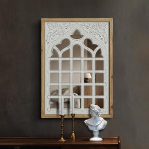 WREVERW Rustic Wood Frame Wall Decor, Distressed White Floral Carved Design, Vintage Windowpane Farmhouse Decor with Acrylic Reflective Surface for Living Room Bedroom Bathroom, 16"x22"