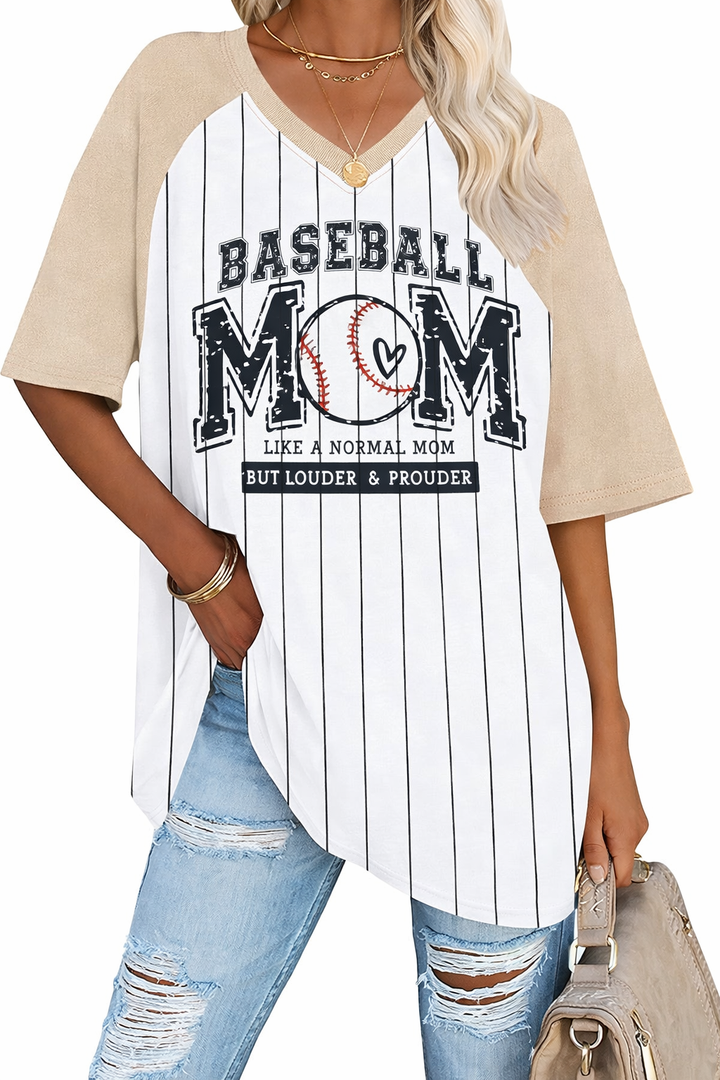 Baseball Mom Shirts for Women - Oversized V Neck Baseball Jersey Shirt Stripe Graphic Print Casual Tops Tees (Beige, M)