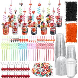 Potchen 167 Pcs Basketball Cups Favor with Lid Straw Sticker Pendant Keychain Raffia Disposable Clear Goodie Cups Return Gifts for Sports Team Birthday Basketball Theme Party Drinkware Supplies