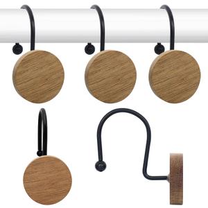 Shower Curtain Hooks, Wood Decorative Shower Curtain Rings, Modern Round Log Shower Curtain Hangers, 12PCS Metal Shower Hooks for Shower Curtain Rod, Bathroom, Bedroom, Living Room (Black)