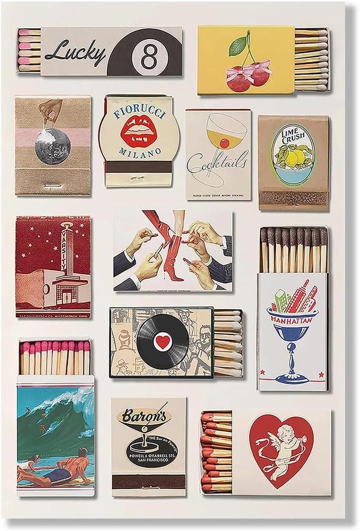 Vintage Matchbook Prints Painting Trendy Coastal Cowgirl Matches Poster Retro Eclectic Matchbox Canvas Wall Art Funky Match Box Aesthetic Room Wall Decor for Bar Cart Unframed 12x16inch