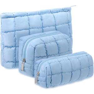3 Pcs Puffy Makeup Bag Quilted Cosmetic Pouch for Women Cute Checkered Travel Toiletry Bag Puffer Makeup Organizer Purse Pouch Preppy Pencil Case with Zipper (Blue)