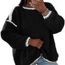 KIRUNDO Womens Sweaters 2026 Fall Oversized Long Sleeve Chunky Knit Crew Neck Contrast Stitching Pullover Winter Clothes Size M