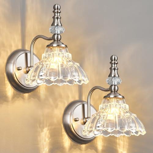 JXJYHL Vintage Wall Sconces Matte Brushed Antique Nickel Finish Indoor Wall Sconces Fixtures Wall Lights with Crystal Glass Shade Vanity Lights for Bedroom Bathroom Living Room Hallway(2-Pack)