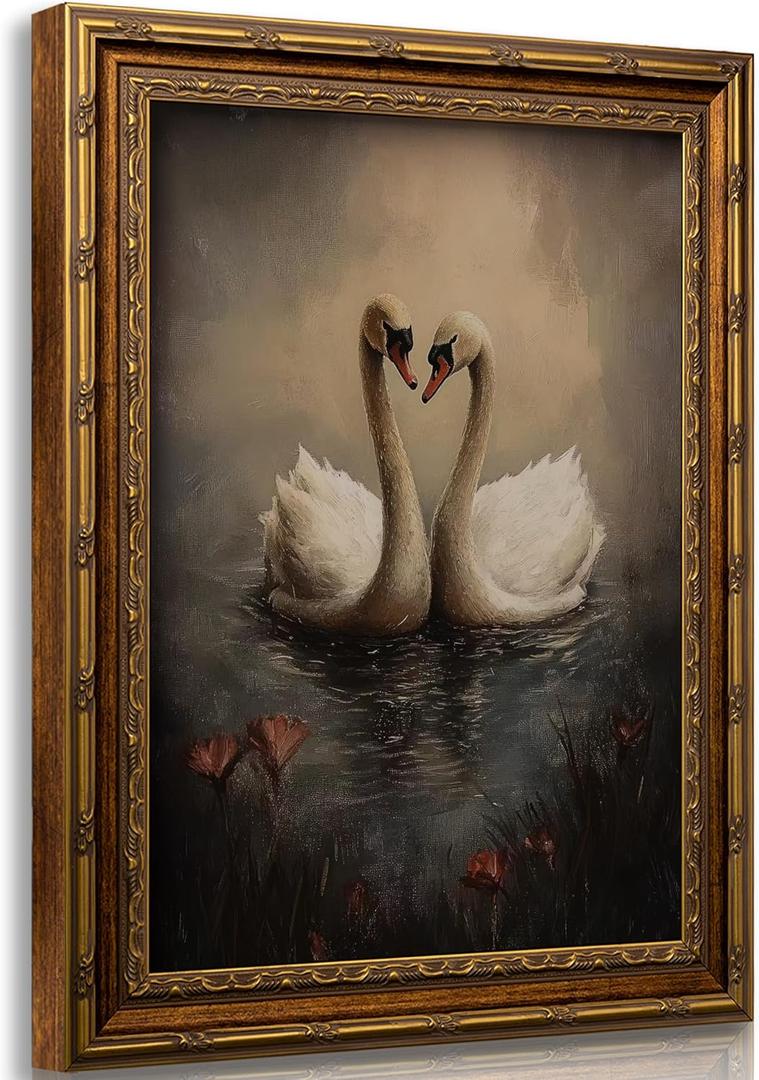 Vintage Gold Framed Wall Art Vintage Swan Canvas Wall Decor Retro Moody Swan Oil Painting Prints Farmhouse Antique Animal Picture Poster Artwork for Home decor Living Room Bedroom Hallway 16x24in