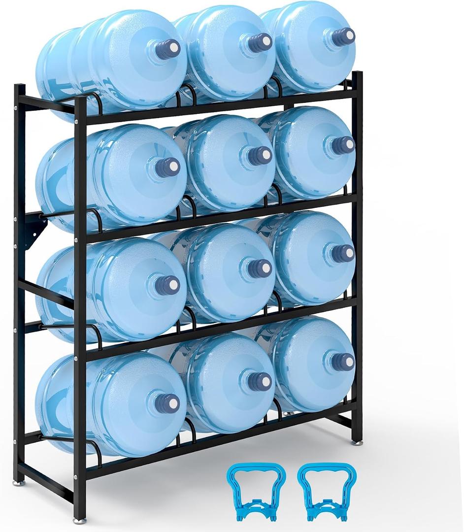 12-Tray 5 Gallon Water Jug Holder Heavy Duty, 4-Tier Wall Mount Water Bottle Rack, Powder Coated Steel, Black, 13"D x 36.7"W x 44.8"H, Home, Office, Restaurant, Gym