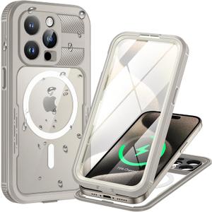 Lanhiem Magnetic for iPhone 15 Pro Case, IP68 Waterproof Dustproof Case, [Compatible with Magsafe] [Built-in Screen Protector] Full Body Heavy Duty Rugged Phone Cover 6.1 inch, Natural