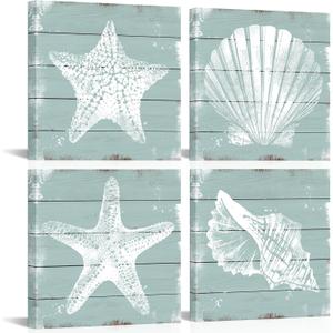 AoArtWZ 4 Piece Ocean Theme Canvas Wall Art Coastal Shell Starfish Coral Conch Picture for Bathroom