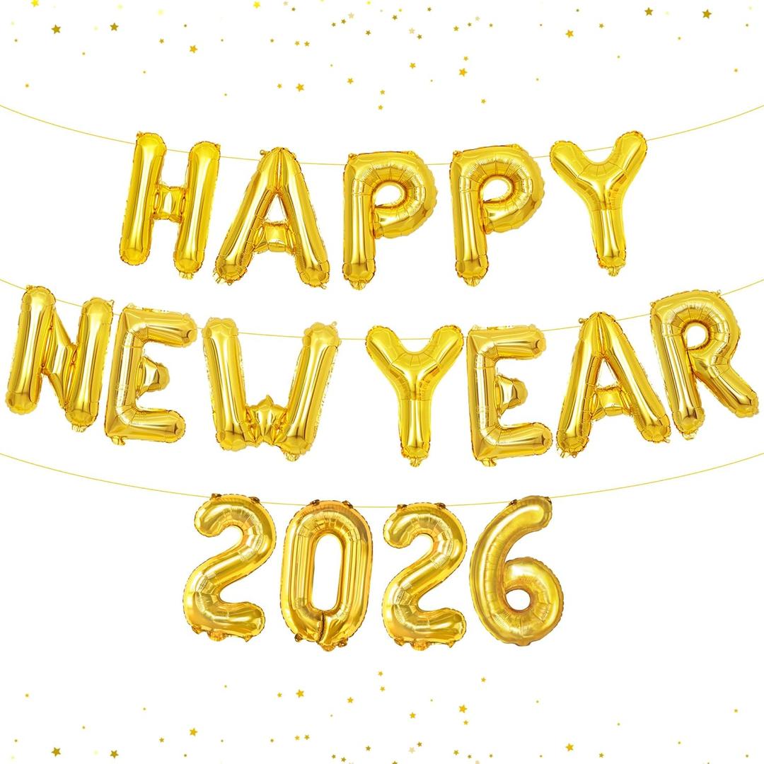 KatchOn, Gold Happy New Year 2026 Balloons - 16 Inch | Happy New Year Balloon and 2026 Gold Number Balloons for Happy New Years Decorations 2026 | New Years Eve Party Supplies 2026