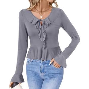 olrain Women Long Flare Sleeve V Neck Tie Front Pan Collar Ruffle Hem Blouse Ribbed Spring Fall Outfit Cute Going Out Tops, XXL