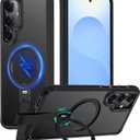 360°Spin Magnetic Stand with Silicone Strap for Samsung Galaxy S25 Case [Fit for MagSafe], Mil-Grade Shockproof Translucent Slim Phone Case with Kickstand&Ring Holder for S25 (Black)