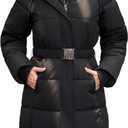 Women's Long Winter Puffer Coat Fleece Lining Waterproof Hooded Parka with Removable Belt (Medium, Black)