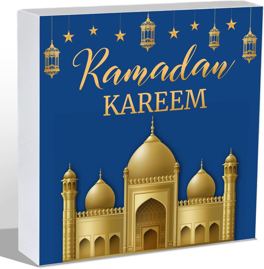 YUNKKIN Ramadan Table Decor Ramadan Decorations Indoor Eid Home Room Office Bathroom Wood Box Sign Rustic Wooden Shelf Desk Decor Season Sign House Warming Gifts 5.9 x 5.9 Inch Style 2, 2 Packs