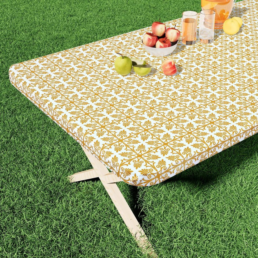 misaya Rectangle Vinyl Table Cloth, Elastic Fitted Flannel Backed Tablecloth, 100% Waterproof Plastic Table Cover Fits 5 Foot Folding Tables for Picnic, Camping, Outdoor (Gold, 30" x 60")
