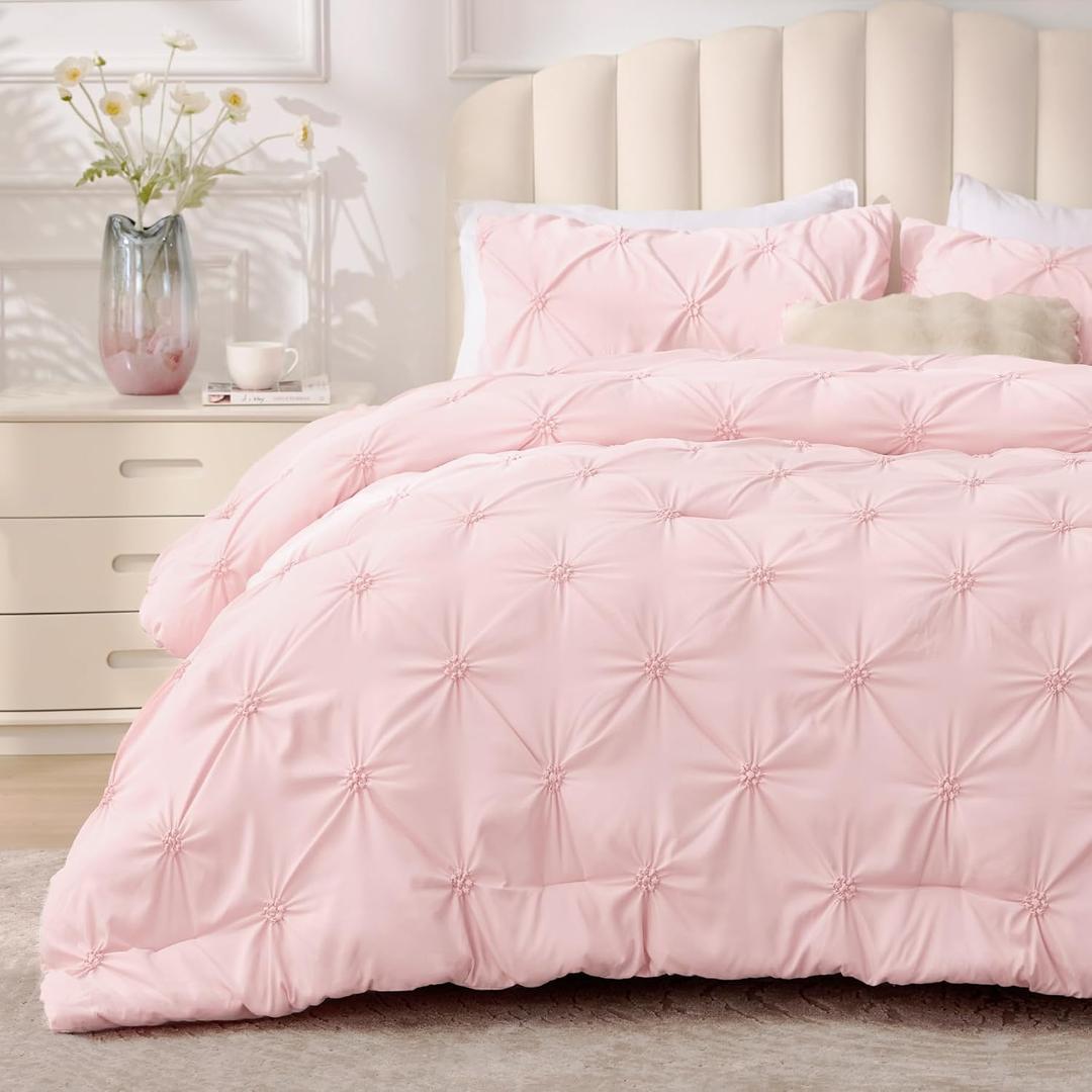 BEDELITE Baby Pink Queen Comforter Set - 3 Pieces Boho Pintuck Bedding Comforter Sets, Lightweight Soft & Warm Bed Comforter Queen with 2 Pillowcases for All Season
