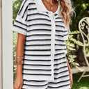 Saodimallsu Womens Striped Pajama Sets Short Sleeve Color Block Crochet Knit Button Top and Shorts 2 Piece Summer Sets (XL)