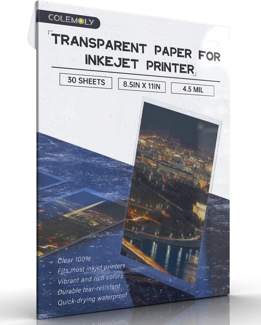 Colemoly Transparent Paper 30 Sheets Inkjet Transparency Film Inkjet Printer (100% Clear) Acetate Sheets Clear Paper 8.5x11 Inches for Crafts, Premium Print