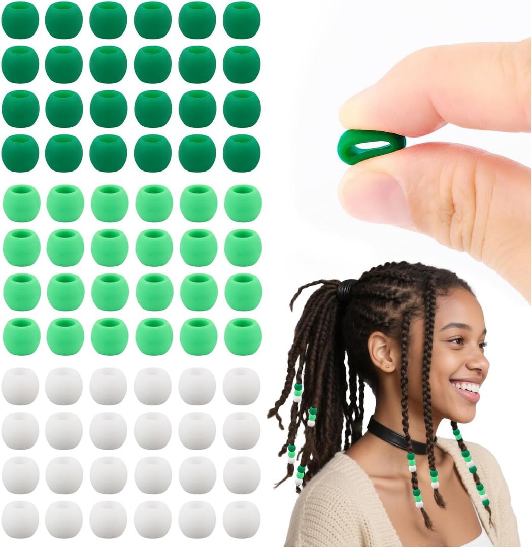 AD Beads 216PCS 6x9mm Soft Pony Silicone Beads for stylehair, Green Series with 80 Elastic Bands, Tool and Storage Box Kit for Braids, Bracelet, Crafts.