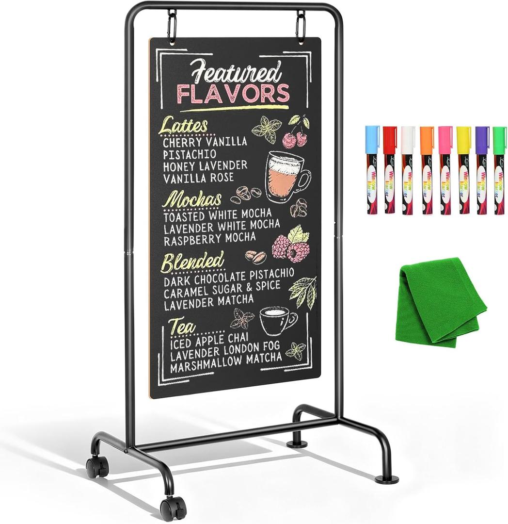 4 THOUGHT Rolling Metal A-Frame Chalkboard Sign with Wheels, 40" x 20" Large Double Sided Sidewalk Sandwich Board, Weatherproof & Stable Easel for Restaurant, Cafe, Business, Wedding