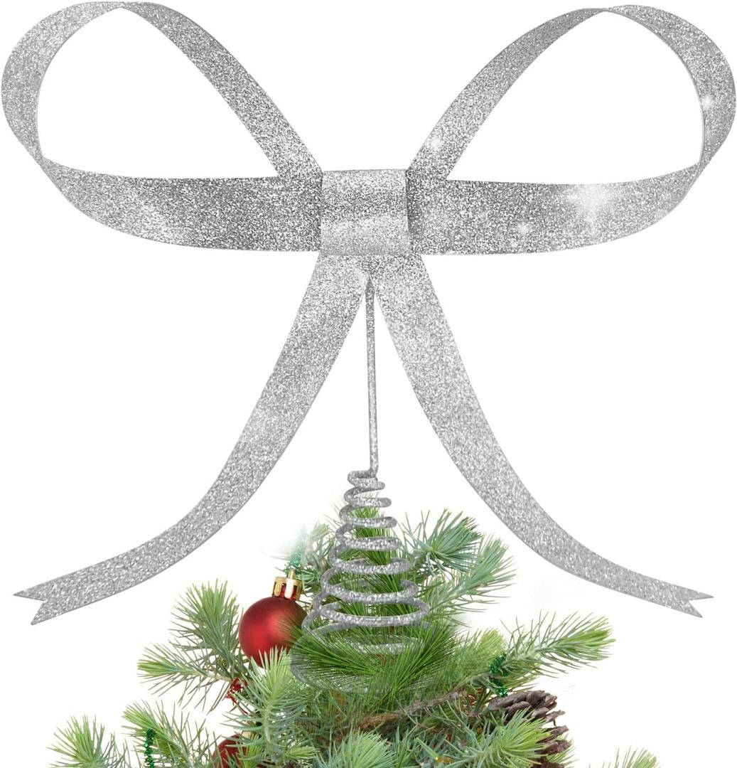 HUTHDAK Large Glitter Silver Bow Christmas Tree Topper,9.4 Inch Metal Tree Topper,Silver Bow Christmas Decorations for Xmas Home Decor Holiday Party Indoor Outdoor Shop Office