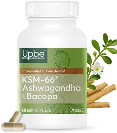 Upbe Ashwagandha Supplements for Women & Men - KSM-66® with Bacopa & Milk Thistle, 60 Vegan Capsules - Stress Relief, Mood, Cortisol Support, Extra Strength Ashwagandha Capsules, Exp 07/2027