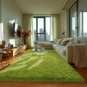 Green Grass Area Rugs for Bedroom Living Room, 8x10 Fluffy Fuzzy Shaggy Carpet for Kids Playroom Nursery Room, Thick Soft Plush Mat for Kids Baby Boys Teen Dorm Home Decor Aesthetic
