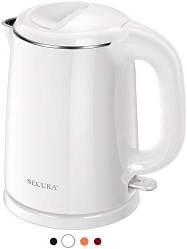 Secura Stainless Steel Double Wall Electric Kettle Water Heater for Tea Coffee w/Auto Shut-Off and Boil-Dry Protection, 1.0L (White) SWK-1001DW/HB-K012