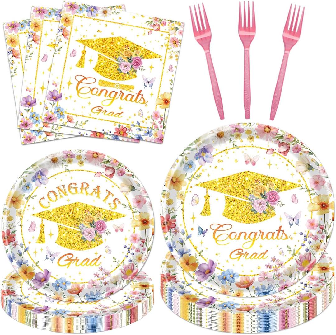 Floral Graduation Decorations 2026-96 Pcs Floral Congrats Grad Plates Napkins Forks Class of 2026, Flower Graduation Party Tableware Set for College High School Serve 24