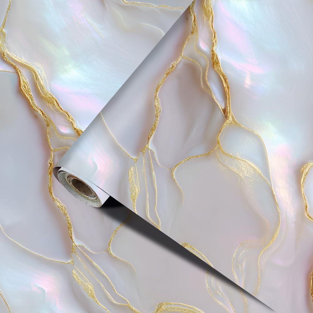 Countertop Contact Paper 39.37 x 23.62 Inch Pearl White Gold Marble Peel and Stick Vinyl Wallpaper Oil Resistant Removable Decorative Film for Kitchen Counter Cabinet Furniture Tabletop Renovation (colorful0157)