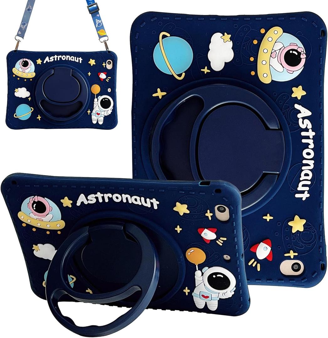 Cute Case for Apple iPad 9th 8th 7th Generation 10.2 Inch 2021/2020/2019 Model, EVA Kickstand Heavy Duty Shockproof Kids Friendly Bumper Case with Shoulder Strap Cover for iPad 10.2", Blue Astronaut