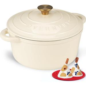 Overmont Enameled Cast Iron Dutch Oven - 5.5QT Pot with Lid Cookbook & Cotton Potholders - Heavy-Duty Cookware for Braising, Stews, Roasting, Bread Baking Cream White