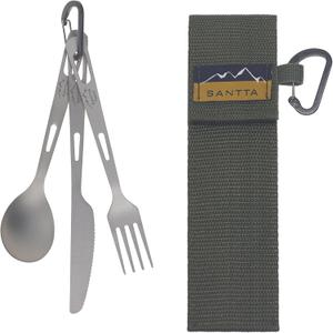 SANTTA Titanium Camping Utensils, Ultra Light Spoon Fork Knife 3 Piece Set, Cutlery Set with Pouch and Carabiner for Outdoor Camping, Hiking, Backpacking, Hiking, Picnic and Travel